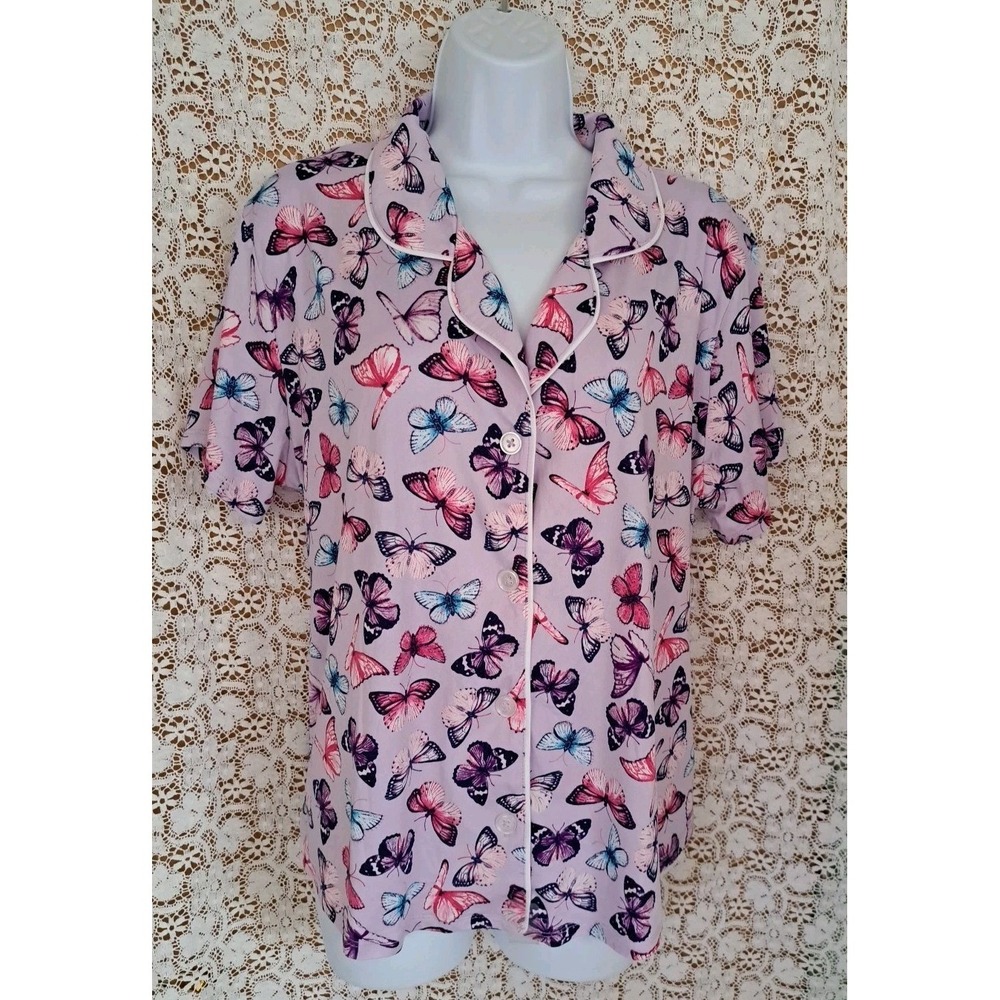 Room Service Sleep Top L Purple Butterfly Print Button Up Soft Pajama Spandex - Picture 2 of 10